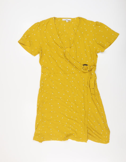 NEXT Womens Yellow Geometric Viscose A-Line Size 14 V-Neck Tie