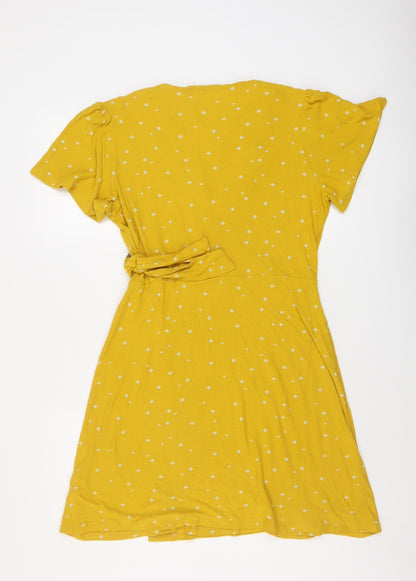 NEXT Womens Yellow Geometric Viscose A-Line Size 14 V-Neck Tie