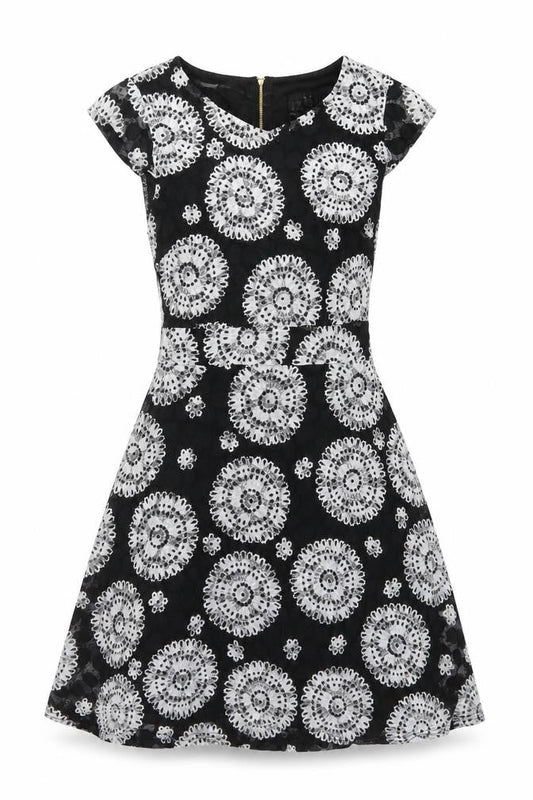 Front view of Izabel women’s black geometric nylon a-line, size UK 10, v-neck zip