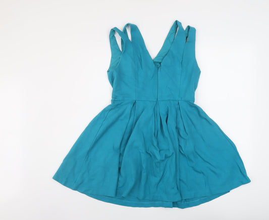 Oasis Womens Blue Viscose Skater Dress Size 10 V-Neck Zip