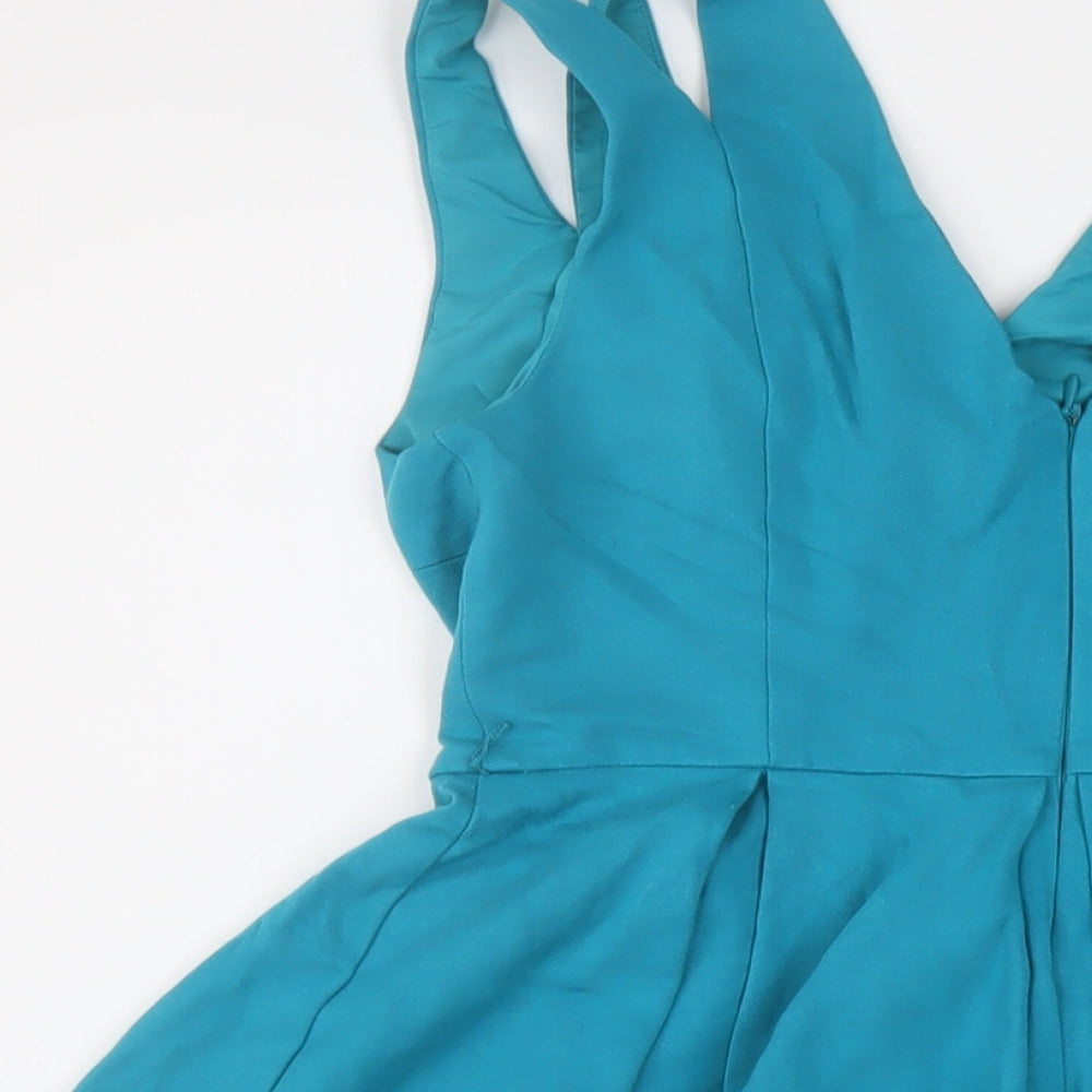 Oasis Womens Blue Viscose Skater Dress Size 10 V-Neck Zip