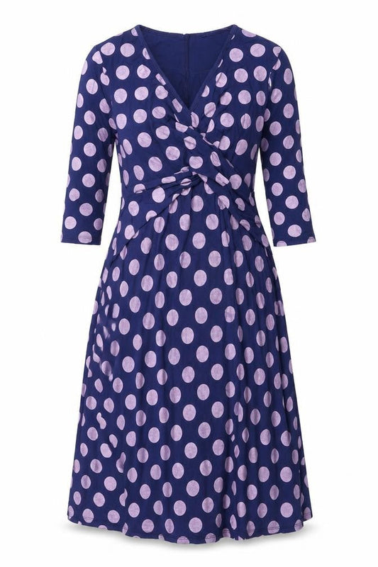 Front view of ASOS women’s purple polka dot viscose a-line, size UK 8, v-neck pullover