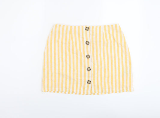 Miss Selfridge Womens Yellow Striped Polyester A-Line Skirt Size 12 Button