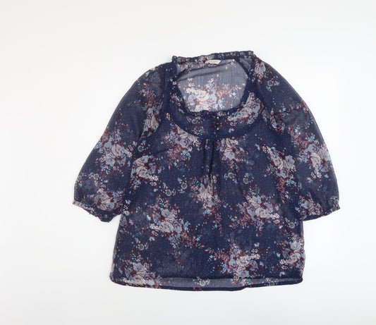Indigo Womens Blue Floral Polyester Basic Blouse Size 10 Round Neck