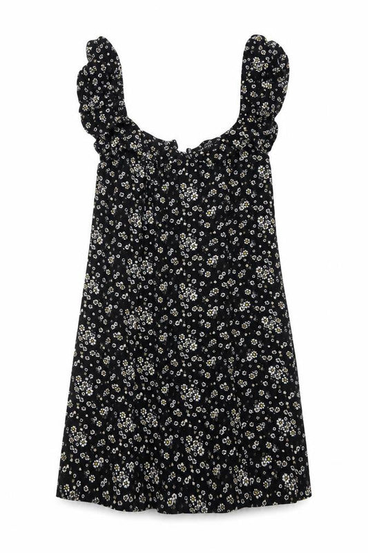 Front view of I SAW IT FIRST women’s black floral viscose a-line, size UK 12, round neck zip