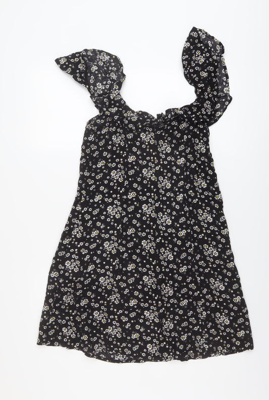 I SAW IT FIRST Womens Black Floral Viscose A-Line Size 12 Round Neck Zip