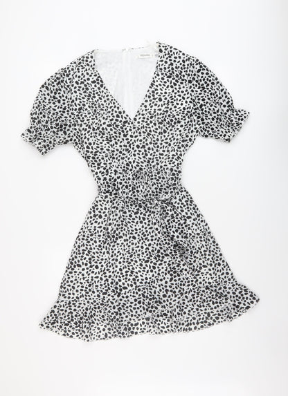 Missguided Womens White Geometric Polyester Mini Size 8 V-Neck Zip