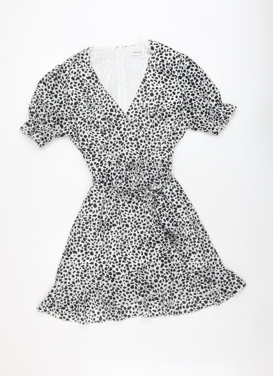 Missguided Womens White Geometric Polyester Mini Size 8 V-Neck Zip