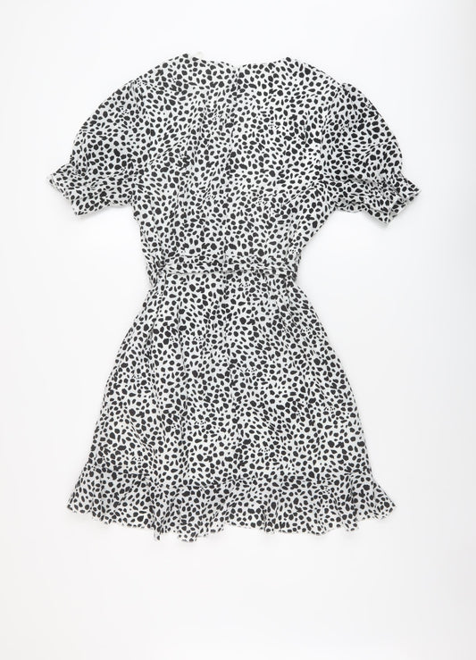 Missguided Womens White Geometric Polyester Mini Size 8 V-Neck Zip