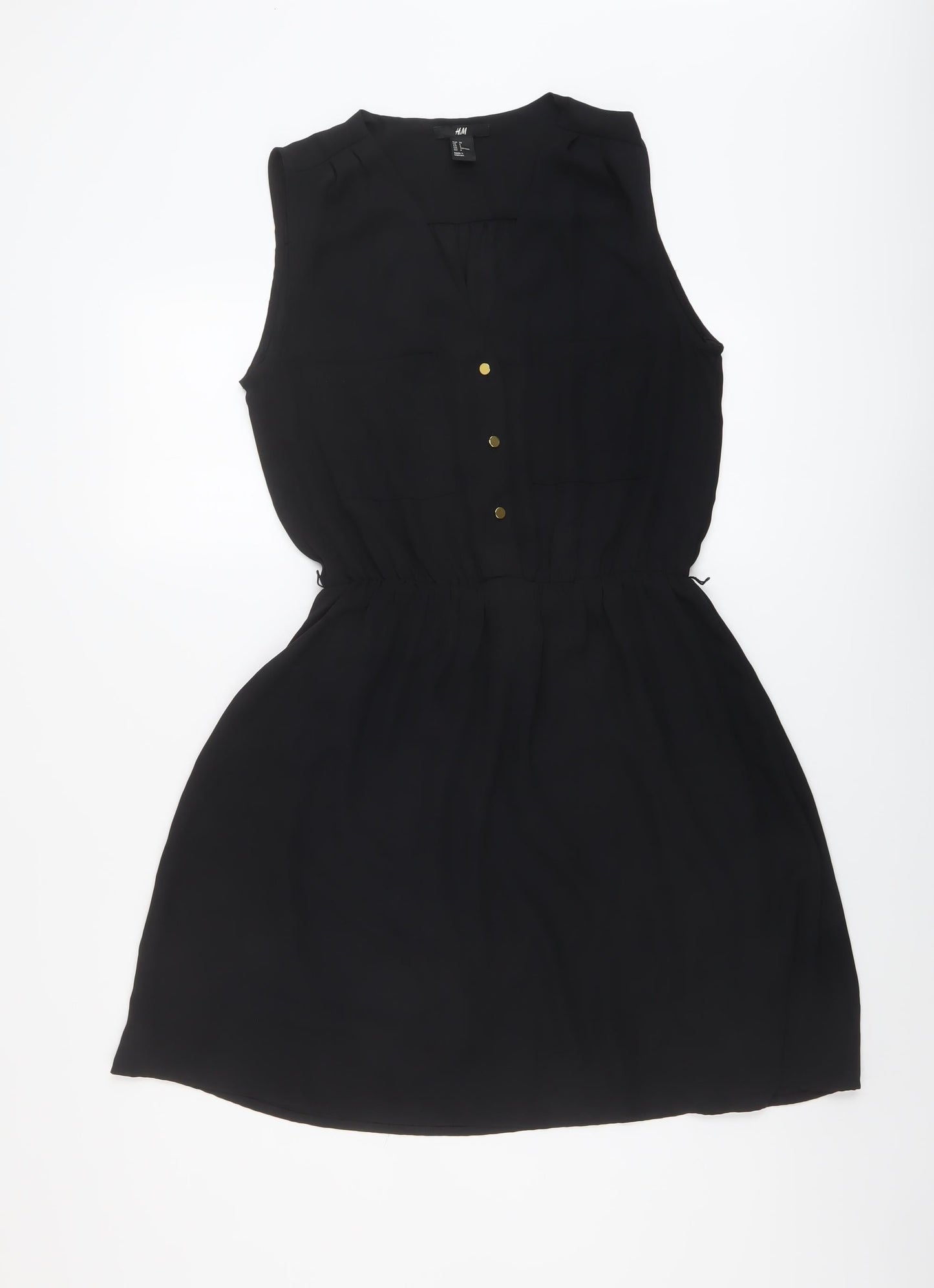 H&M Womens Black Polyester A-Line Size 8 V-Neck Button