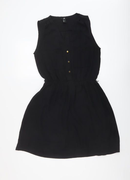 H&M Womens Black Polyester A-Line Size 8 V-Neck Button