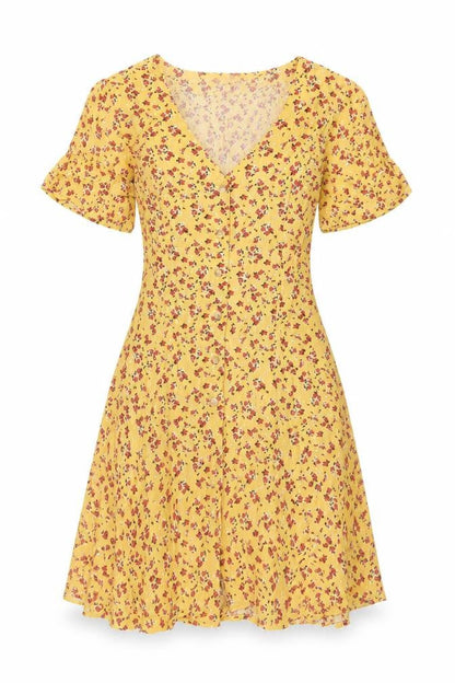 Glassons Womens Yellow Floral Viscose A-Line Size 6 V-Neck Button