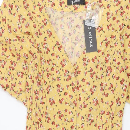 Glassons Womens Yellow Floral Viscose A-Line Size 6 V-Neck Button