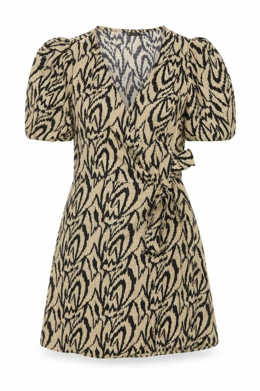 Front view of I SAW IT FIRST women’s beige geometric polyester wrap dress, size UK 10, v-neck tie