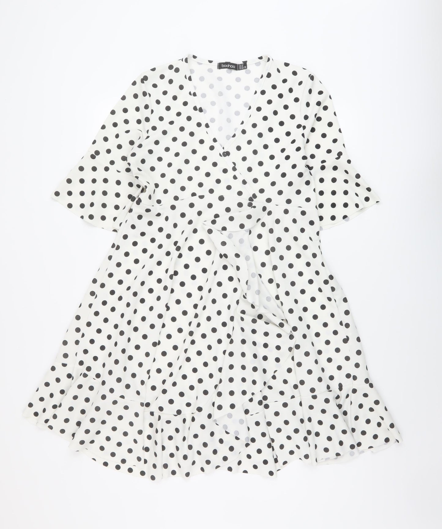 Boohoo Womens White Polka Dot Polyester A-Line Size 12 V-Neck Pullover