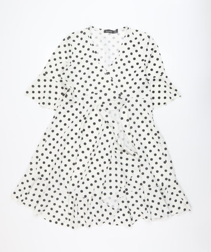 Boohoo Womens White Polka Dot Polyester A-Line Size 12 V-Neck Pullover
