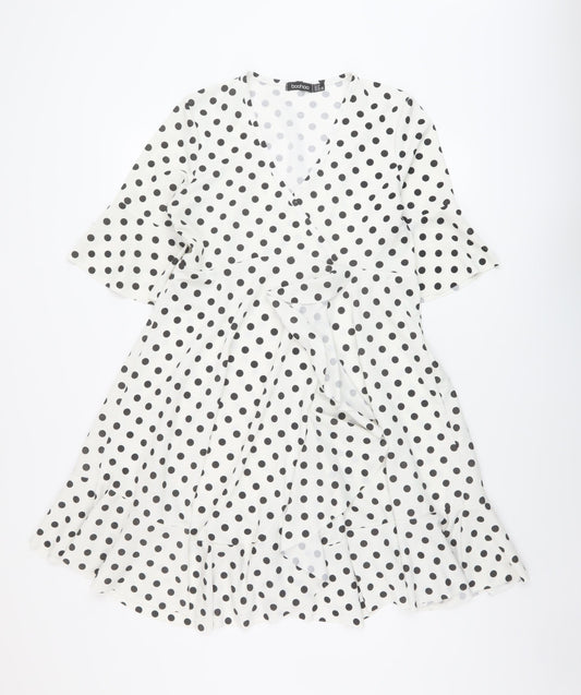 Boohoo Womens White Polka Dot Polyester A-Line Size 12 V-Neck Pullover