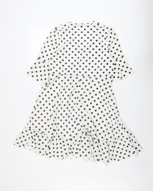 Boohoo Womens White Polka Dot Polyester A-Line Size 12 V-Neck Pullover