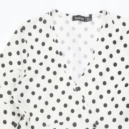 Boohoo Womens White Polka Dot Polyester A-Line Size 12 V-Neck Pullover