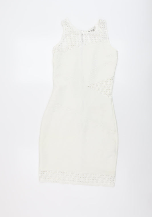 Miss Selfridge Womens Ivory Polyester Bodycon Size 8 Round Neck Zip