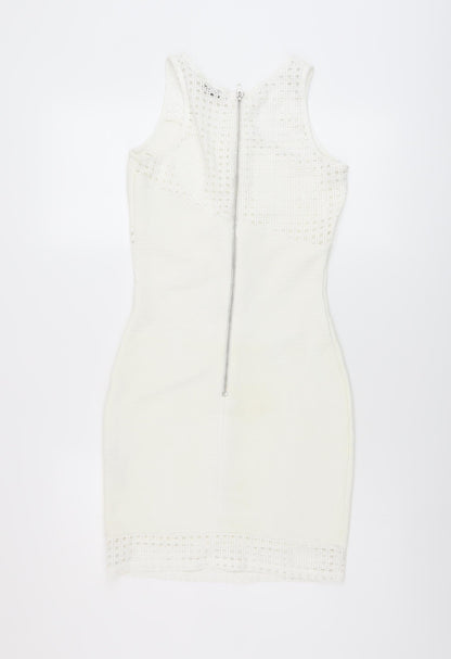 Miss Selfridge Womens Ivory Polyester Bodycon Size 8 Round Neck Zip