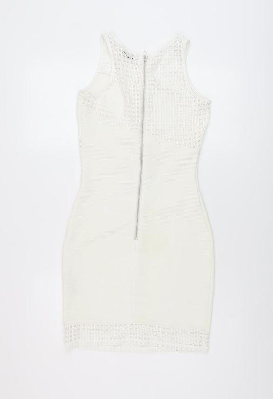 Miss Selfridge Womens Ivory Polyester Bodycon Size 8 Round Neck Zip
