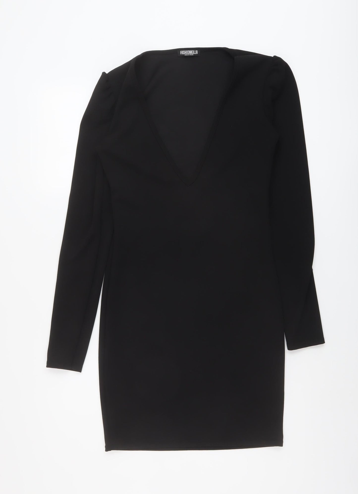 Fashionkilla Womens Black Polyester Bodycon Size 10 V-Neck Pullover