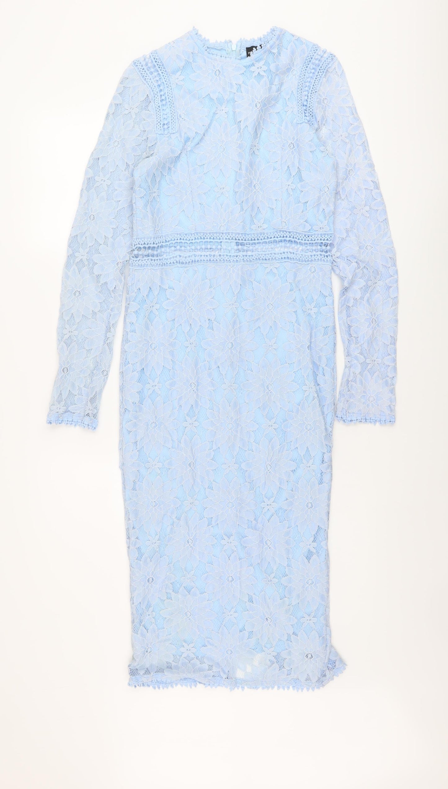 PRETTYLITTLETHING Womens Blue Floral Polyimide Sheath Size 8 Round Neck Zip