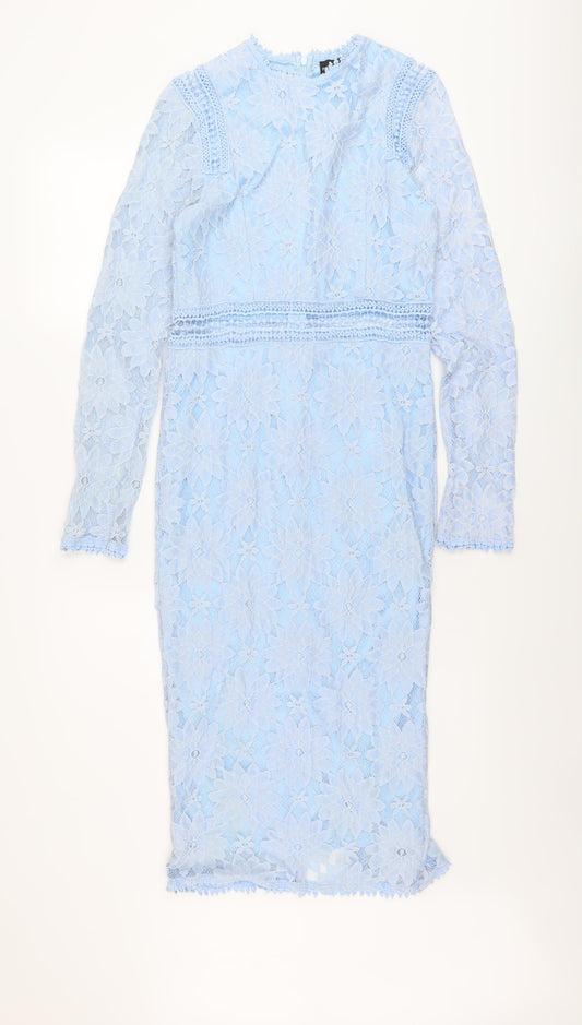 PRETTYLITTLETHING Womens Blue Floral Polyimide Sheath Size 8 Round Neck Zip