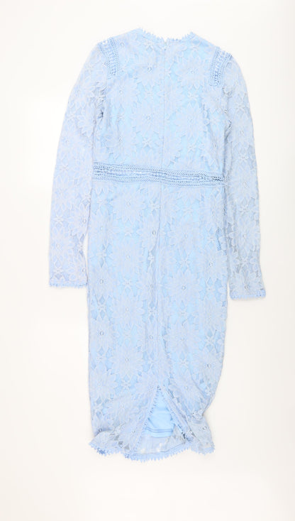 PRETTYLITTLETHING Womens Blue Floral Polyimide Sheath Size 8 Round Neck Zip