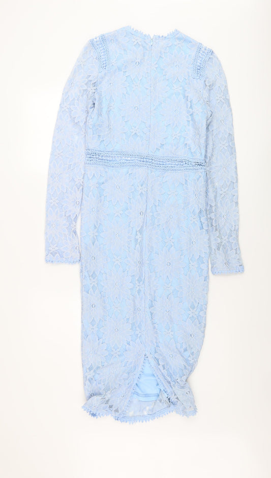 PRETTYLITTLETHING Womens Blue Floral Polyimide Sheath Size 8 Round Neck Zip