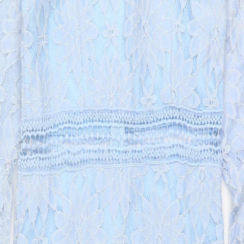 PRETTYLITTLETHING Womens Blue Floral Polyimide Sheath Size 8 Round Neck Zip