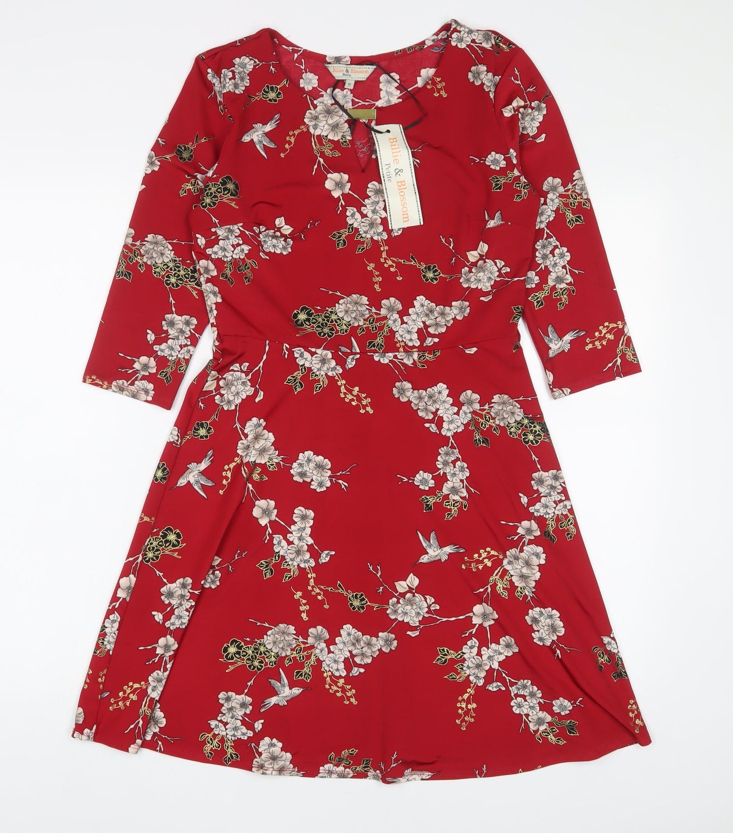 Billie & Blossom Womens Red Floral Polyester A-Line Size 10 Boat Neck Pullover - Keyhole neck