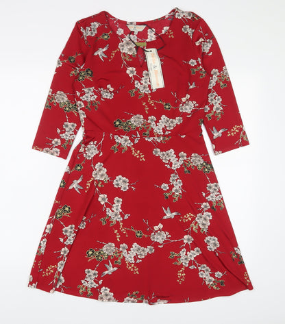 Billie & Blossom Womens Red Floral Polyester A-Line Size 10 Boat Neck Pullover - Keyhole neck