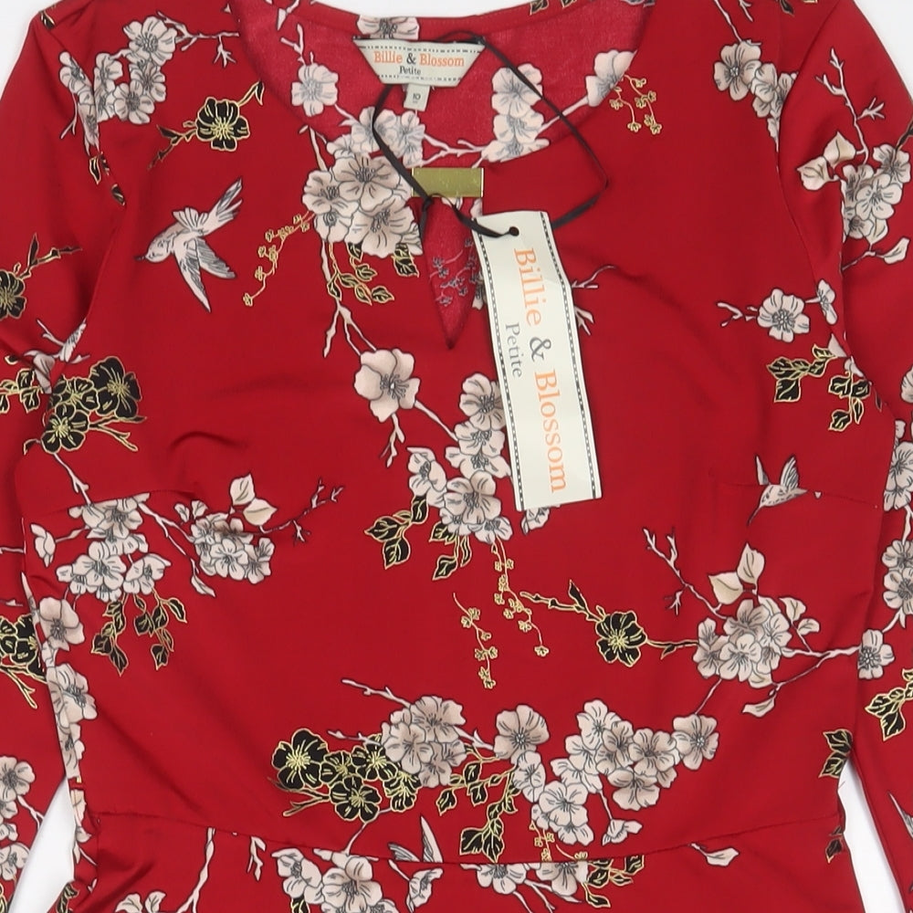 Billie & Blossom Womens Red Floral Polyester A-Line Size 10 Boat Neck Pullover - Keyhole neck