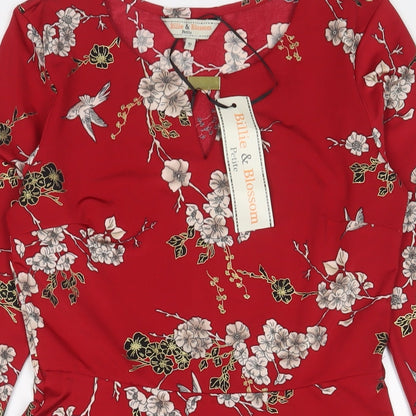 Billie & Blossom Womens Red Floral Polyester A-Line Size 10 Boat Neck Pullover - Keyhole neck