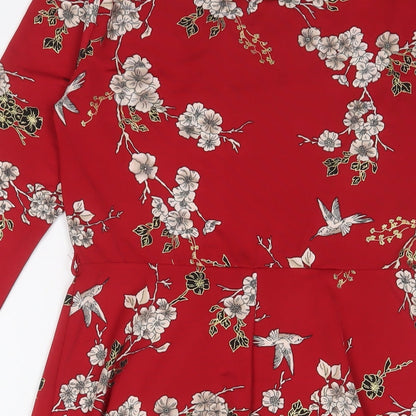 Billie & Blossom Womens Red Floral Polyester A-Line Size 10 Boat Neck Pullover - Keyhole neck