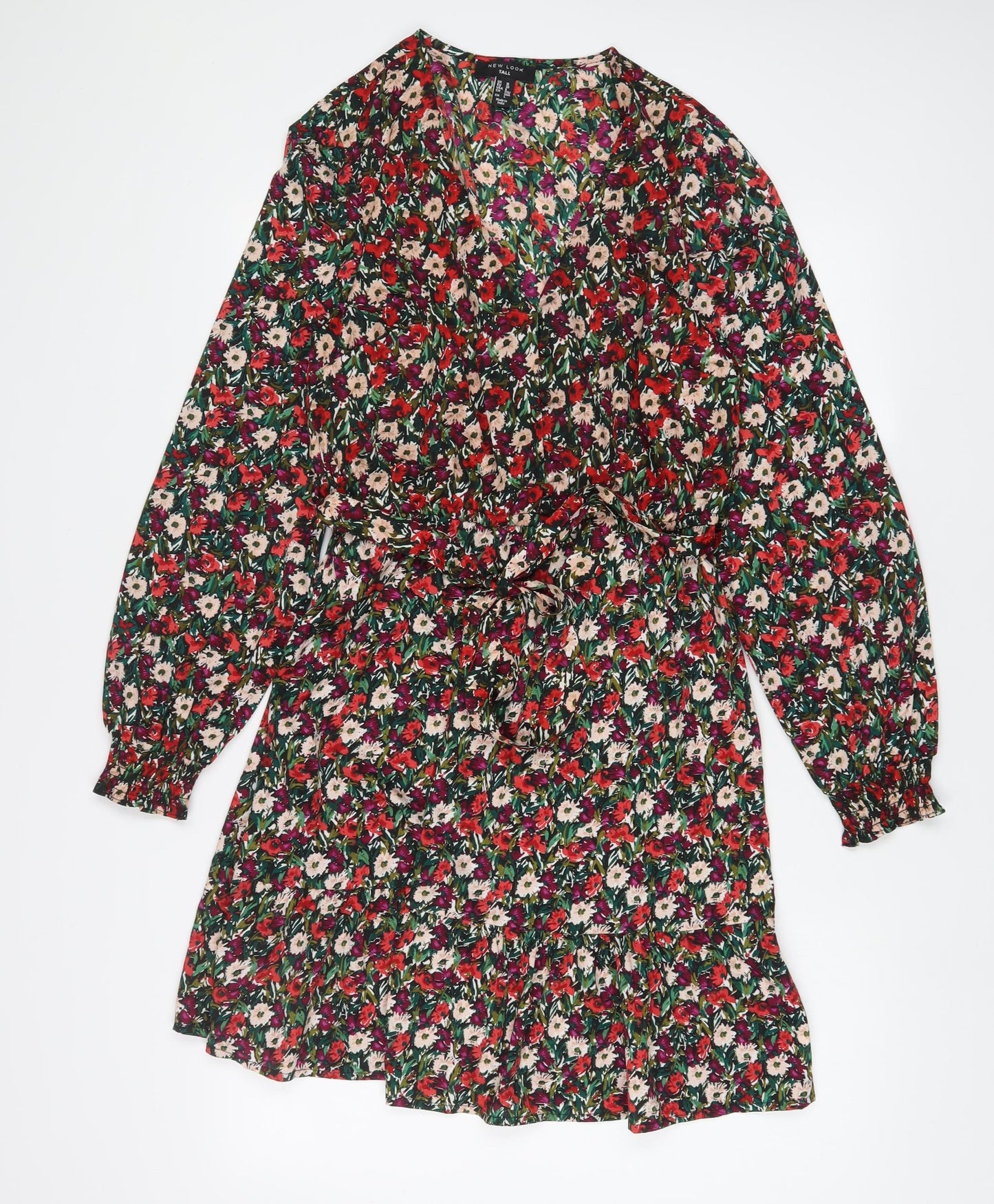 New Look Womens Multicoloured Floral Polyester A-Line Size 10 V-Neck Button - Belted