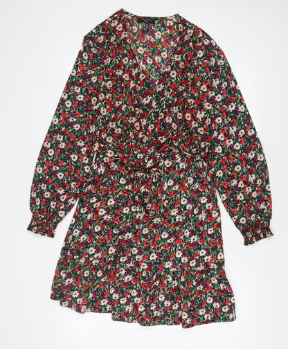New Look Womens Multicoloured Floral Polyester A-Line Size 10 V-Neck Button - Belted