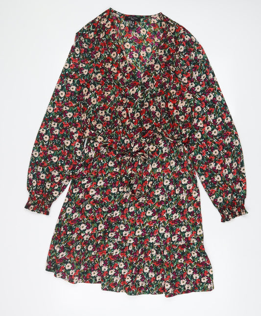 New Look Womens Multicoloured Floral Polyester A-Line Size 10 V-Neck Button - Belted
