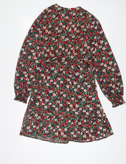 New Look Womens Multicoloured Floral Polyester A-Line Size 10 V-Neck Button - Belted