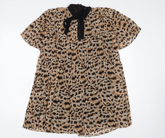 Zara Womens Brown Animal Print Polyester A-Line Size S Crew Neck Zip
