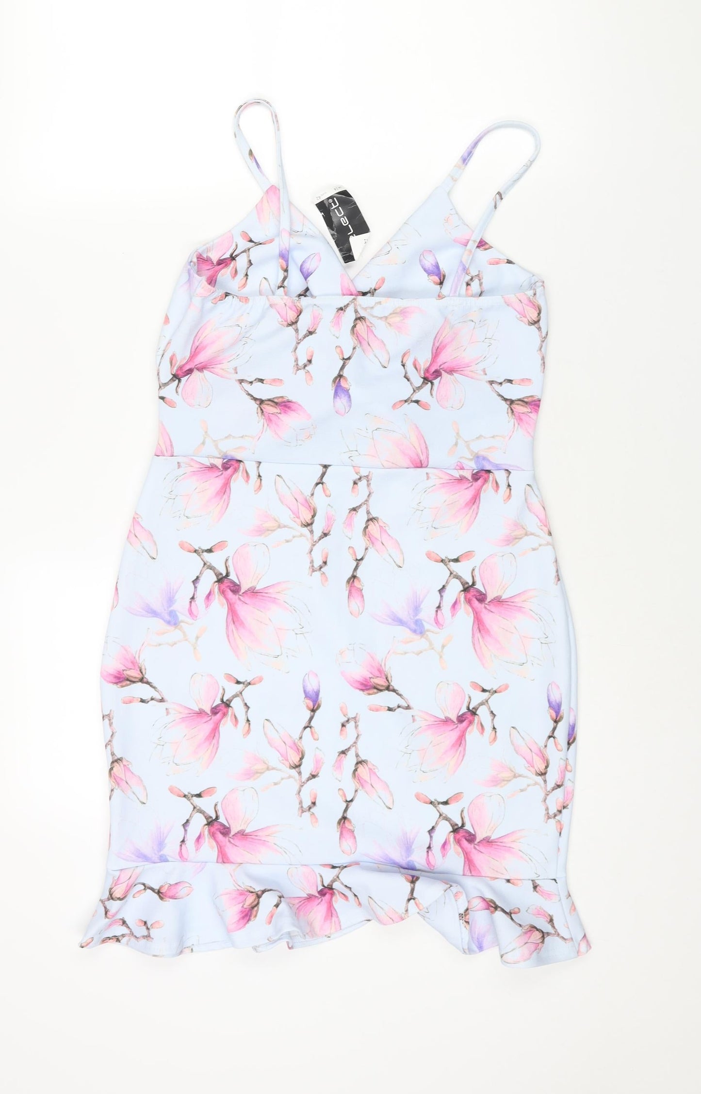 Select Womens Blue Floral Polyester Shift Size 14 V-Neck Pullover - Knot Detail Frill