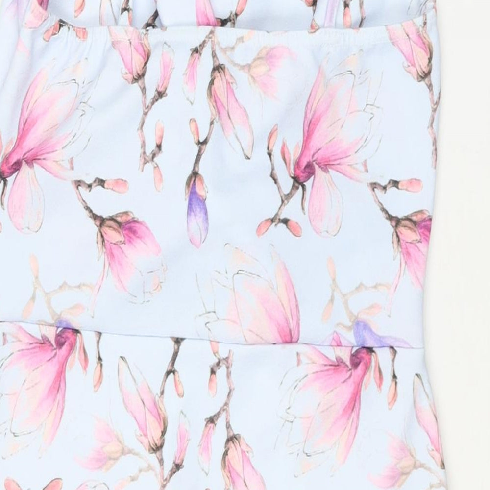 Select Womens Blue Floral Polyester Shift Size 14 V-Neck Pullover - Knot Detail Frill