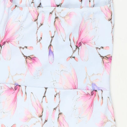 Select Womens Blue Floral Polyester Shift Size 14 V-Neck Pullover - Knot Detail Frill