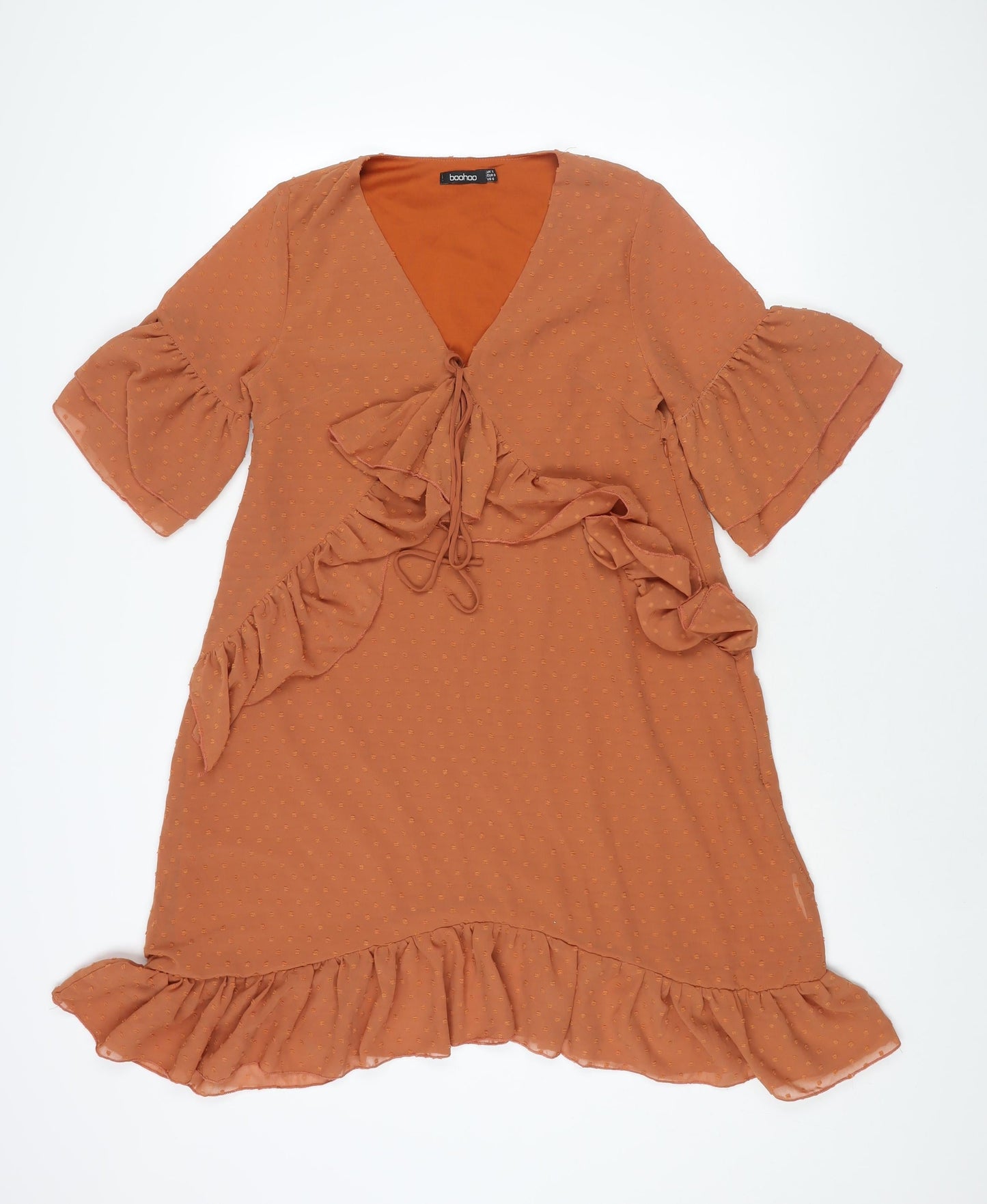 Boohoo Womens Brown Polyester A-Line Size 10 V-Neck Zip - Frill Bow