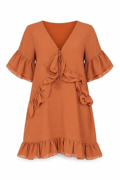 Boohoo Womens Brown Polyester A-Line Size 10 V-Neck Zip - Frill Bow