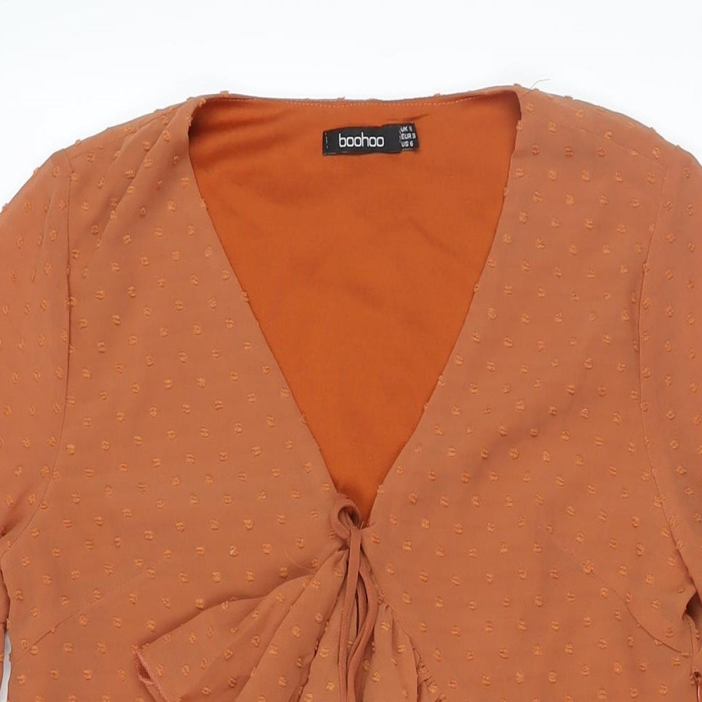 Boohoo Womens Brown Polyester A-Line Size 10 V-Neck Zip - Frill Bow