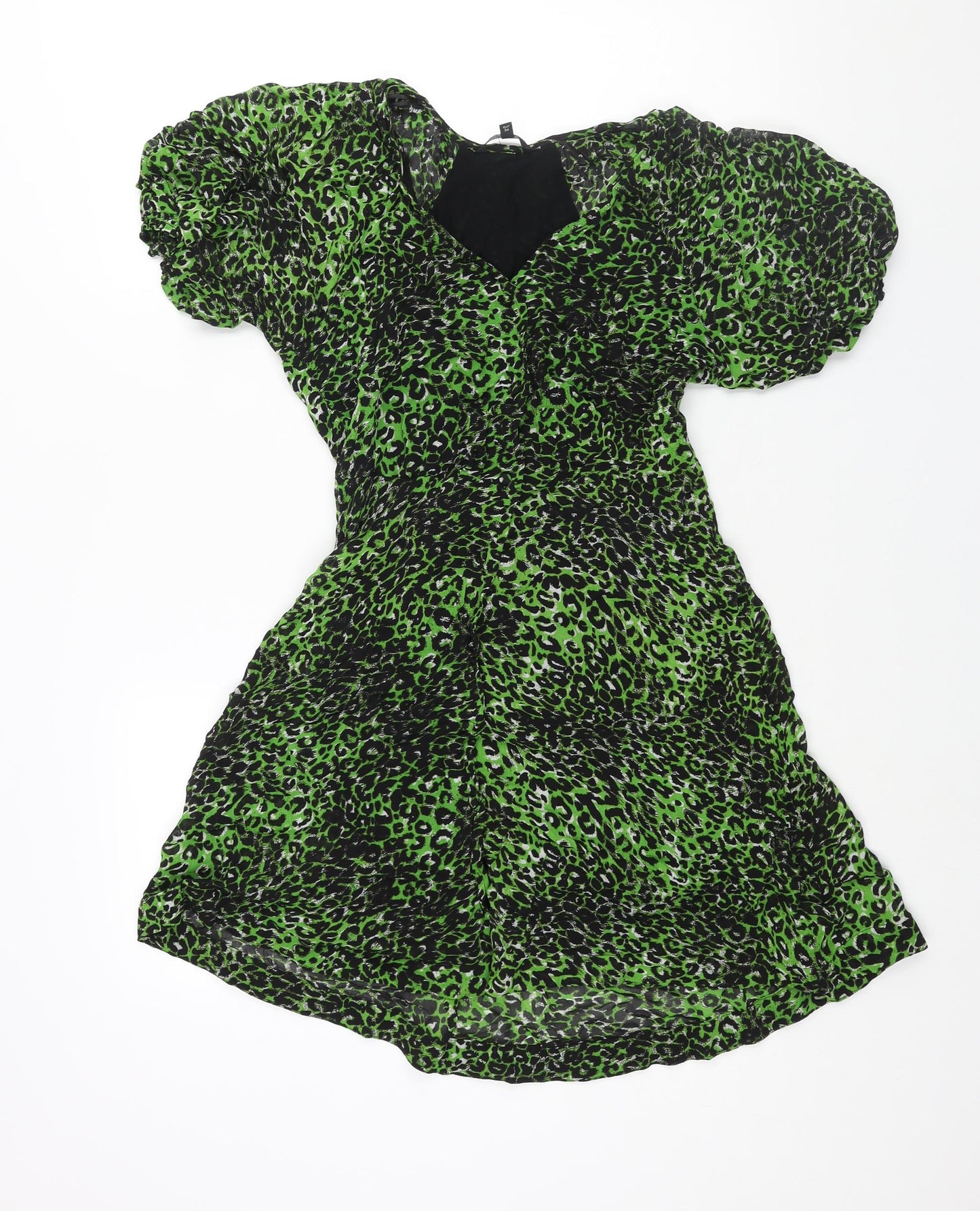 NEXT Womens Green Animal Print Viscose A-Line Size 6 V-Neck Button - Leopard Print