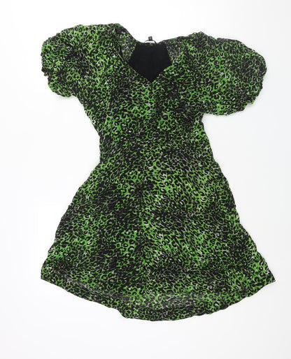 NEXT Womens Green Animal Print Viscose A-Line Size 6 V-Neck Button - Leopard Print